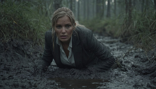 Businesswoman Overcoming Obstacles with Mental Strength and Teamwork in a Muddy Forest Course