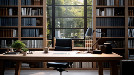an office with a large wooden desk and a black leather chair and a bookshelf filled with books
