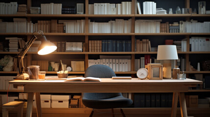 an office with a large wooden desk and a black leather chair and a bookshelf filled with books - obrazy, fototapety, plakaty
