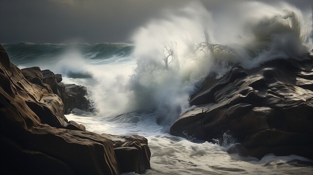 large waves crashing rocks cloudy day painted courtesy museum lighting broken bridges maritime pine