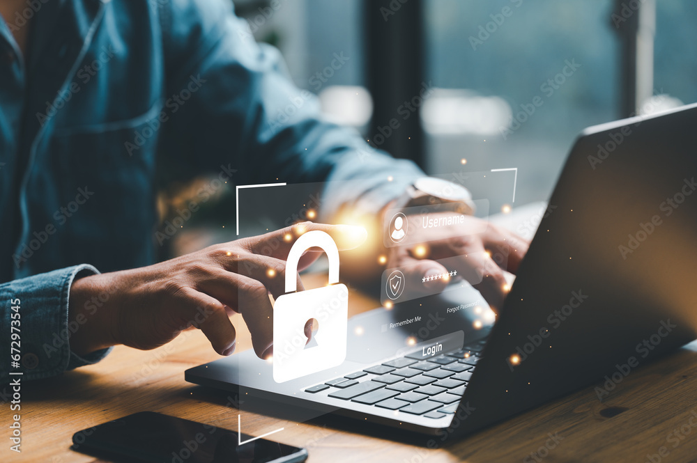 Poster user authentication system with username and password, cybersecurity concept, information security a