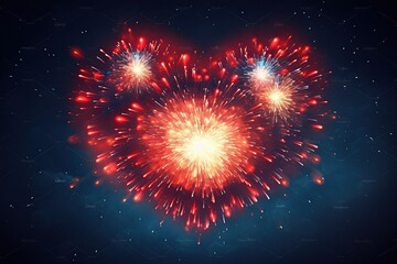 Fireworks forming a radiant heart shape against the dark sky, Heart fireworks, Night symbol, Love celebration, Generative Ai 