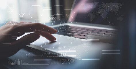 Data science, Business and Artificial Intelligence AI, Digital Technology concept. Data engineer working on laptop and big data, global internet network, business analysis, cloud computing