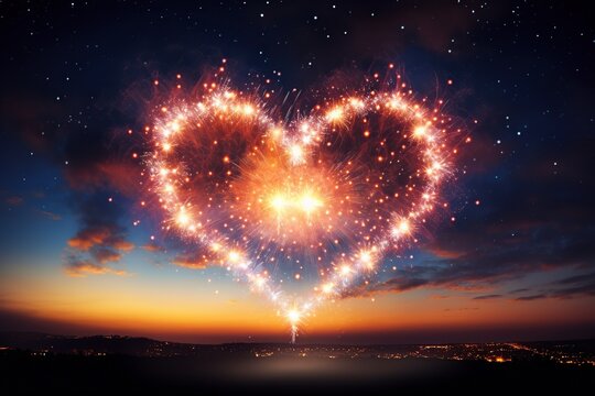 Fireworks forming a radiant heart shape against the dark sky, Heart fireworks, Night symbol, Love celebration, Generative Ai 