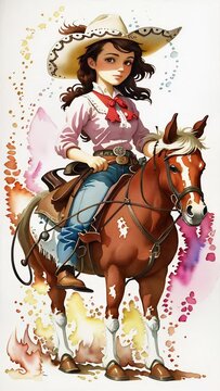 Cartoon Cowgirl on a horse. Generative AI. An imaginary animated morphing cartoon cowgirl with watercolor artistic background.	