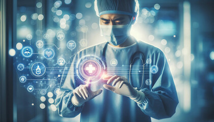 A person in medical garb, likely a doctor, interacts with a holographic interface, possibly in a lab or OR