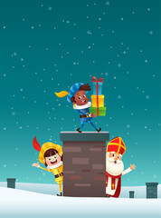 Fototapeta premium Saint Nicholas or Sinterklaas on roof - bring gifts via chimney Saint Nicholas day - winter scene