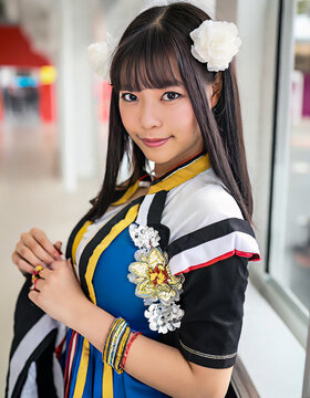  Portrait of japanese anime idol girl, eyes big, long and black and beautiful strait hair