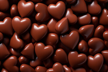 Fototapeta premium Chocolate heart shaped candy texture. Sweet chocolate hearts background. Generative AI