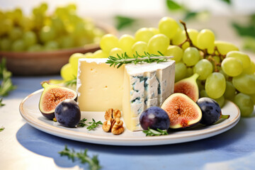 Assorted cheeses on a plate with grapes and figs. A spring food concept on light sunny background. Generative AI
