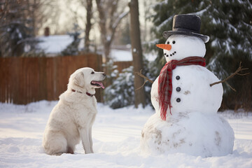 Snowman in the garden and a dog looks at the snowman. Generative AI