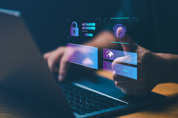 User authentication system with biometric identification fingerprint username and password, cybersecurity, information security, encryption, secure Internet access, advanced, Hight technology.