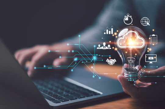 Hand holding Light bulb Global Internet connection. Business global internet connection application technology and digital marketing, Financial and banking, Digital link tech, big data.