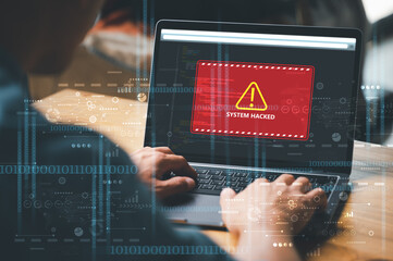 System warning hacked alert, cyber attack on computer network. Cybersecurity vulnerability, data...