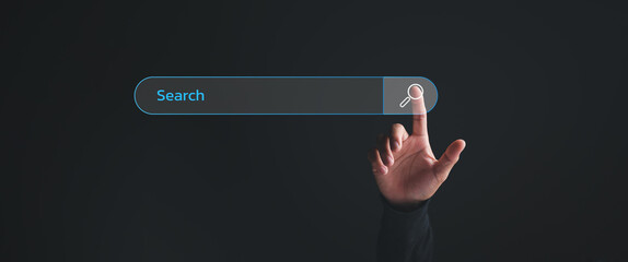 man hand touching on search bar for Search Engine Optimization or SEO concept to find information or data by internet connection. internet, network, database, information system. - obrazy, fototapety, plakaty