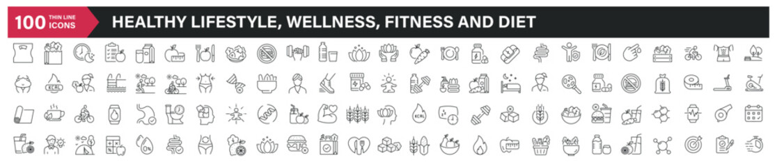 Healhty lifestyle, wellness, fitness and diet line icons. Editable stroke. For website marketing design, logo, app, template, ui, etc. Vector illustration.