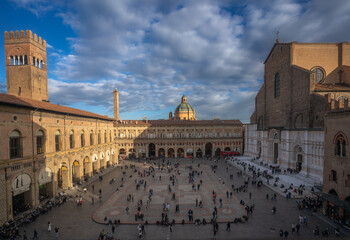 Bologna, BO, Italy - November 05 2023: an autumn day trip to Bologna in Piazza Maggiore above the Clock Tower photographing the square which represents the daily life of the city. Editorial usage. © Nicol