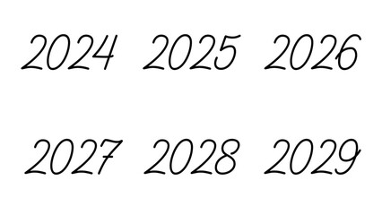 New Year 2024, 2025, 2026, 2026, 2027, 2028, 2029. Black color. Transparent background.