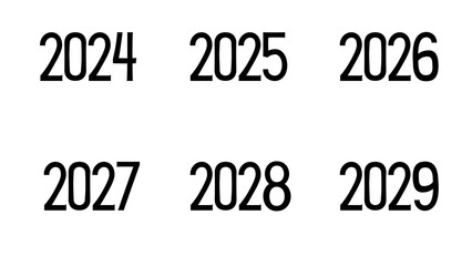 New Year 2024, 2025, 2026, 2026, 2027, 2028, 2029. Black color. Transparent background.