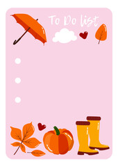 Notes, To Do, Check list decorated templates. Autumn notes with cartoon pumpkins, umbrella and boots. Printable kids checklist. Holidays to do, check list for gifts, wish, shopping