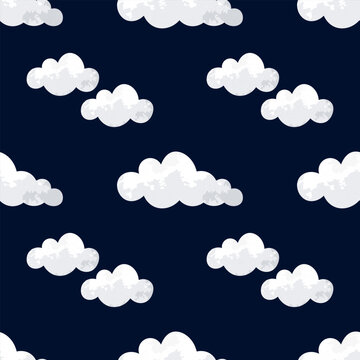 White watercolor cartoon clouds with a seamless pattern on a dark blue sky background.