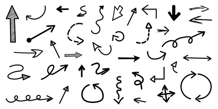 A set of black arrows in the style of doodles. Broken arrows in the form of a loop. Flow direction.