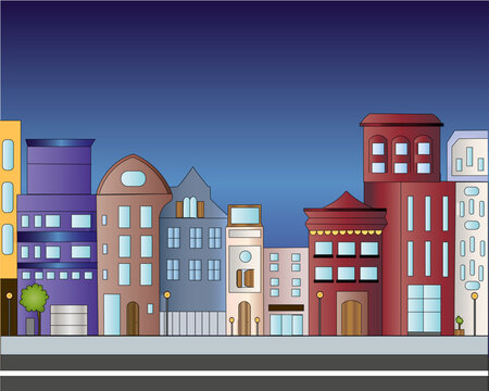 Vector illustration of a street in the night, Illustration of city street at night, Colorful buildings set on a busy street at night, colorful, colors, luxury