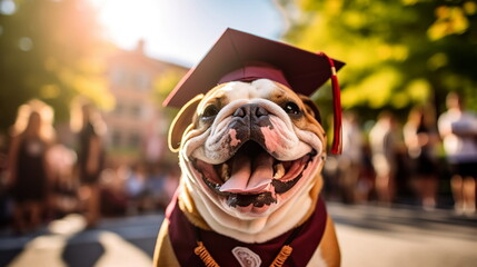 Happy smiling English bulldog dog wearing graduation cap and gown at university campus outdoors. English learning language school concept. Copy space.	