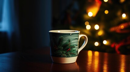 Christmas background with Mug on a Table blurred effect. warm, and cozy ambient lighting from New Year's tree Composition