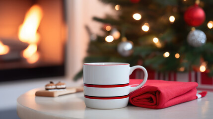 Obraz na płótnie Canvas Christmas background with Mug on a Table blurred effect. warm, and cozy ambient lighting from New Year's tree Composition