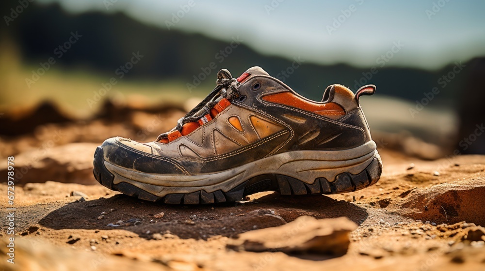 Canvas Prints A pair of hiking shoes on a rocky surface, AI