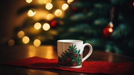 Obraz premium Christmas background with Mug on a Table blurred effect. warm, and cozy ambient lighting from New Year's tree Composition