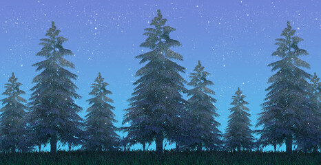 Naklejka na ściany i meble night landscape pine forests with snowfall