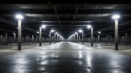 Empty underground parking in black and white with lights  - obrazy, fototapety, plakaty
