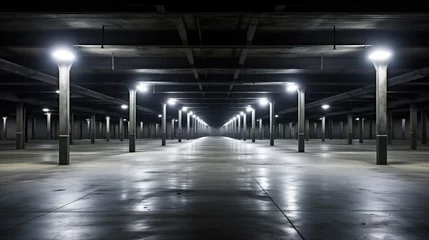 Fototapeten Empty underground parking in black and white with lights  © Jean Isard
