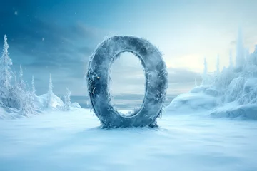 Poster The number zero in the cold, against the backdrop of winter during a snowfall. Frozen number zero in the midst of the cold season. A giant number zero in the cold © Uliana