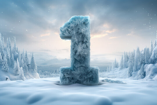 The number one in the cold, against the backdrop of winter during a snowfall. Frozen number one in the midst of the cold season. A giant number one in the cold. The number one made of ice 