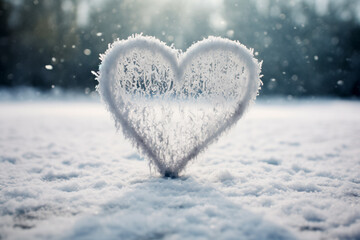 A frozen heart against a backdrop of wintry weather. A cold heart in the midst of snow. Chill in relationships. A snow-covered heart in the frost - obrazy, fototapety, plakaty