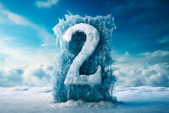 The number two in the cold, against the backdrop of winter during a snowfall. Frozen number two in the midst of the cold season. A giant number two in the cold