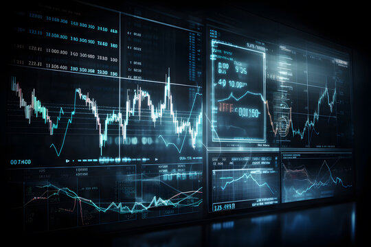 Technical price graph and indicator, candlestick chart screen for market volatility, up and down trend.