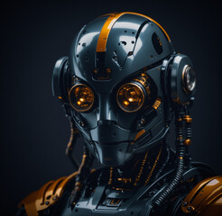 An image of an adorable and well-crafted robot generated using AI technology, set against a dark grey background.