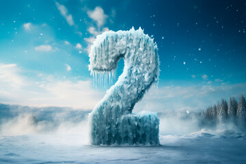 The number two in the cold, against the backdrop of winter during a snowfall. Frozen number two in...