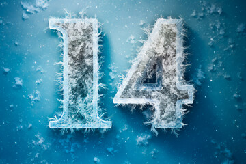 The number fourteen in the cold, against the backdrop of winter during a snowfall. Frozen number fourteen in the midst of the cold season. A giant number fourteen in the cold - obrazy, fototapety, plakaty