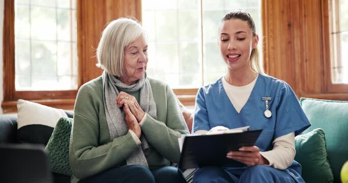 Happy, old woman or doctor with good news, results or report history talking in consultation. Checklist, clapping or nurse with medical update, clearance or smile for elderly patient in nursing home