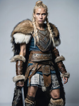 Ai generated image of a blonde warrior Viking woman with fur and leather armor isolated on a bright background 