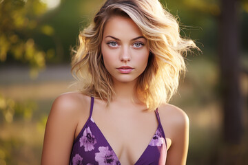 Naklejka premium A blonde woman model wearing a purple sundress in the garden