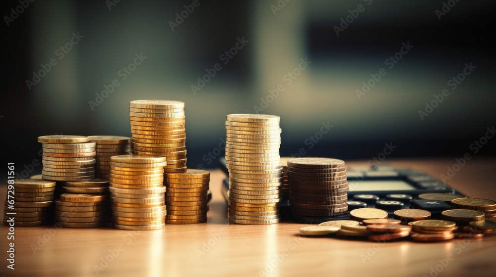 Wall mural Stacks of coins and calculator on wooden table, AI