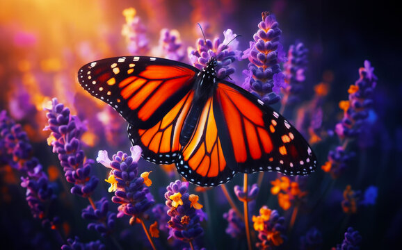 Close-up of a monarch butterfly with flowers. Butterfly on flower. Colorful butterfly flowers