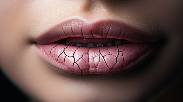 A woman's lips with cracked skin and a broken tooth, AI