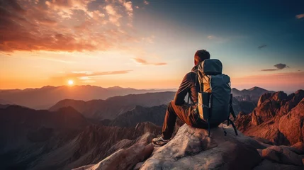 Fotobehang Hiker with backpack relaxing on top of a mountain, male hiker and nature © CStock